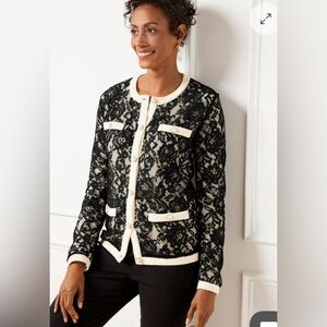 Talbots Black Lace Cardigan with White Trim and Pearl Buttons